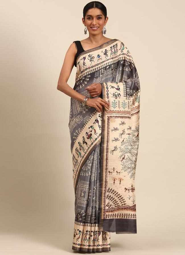 Cotton Grey Casual Wear Printed Saree